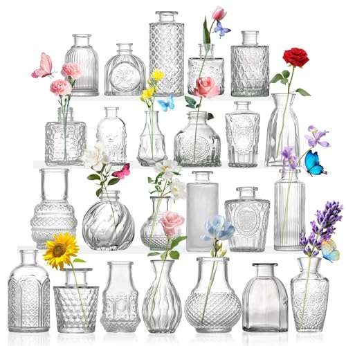 BBWELL Juego de 24 Jarrones Pequeños de Cristal,Mini Jarron Cristal,jarrones Decorativos Vintage,Centros De Mesa De Cristals Jarrón De Flores para Decoración del Hogar y del Salón,Decoración de Boda