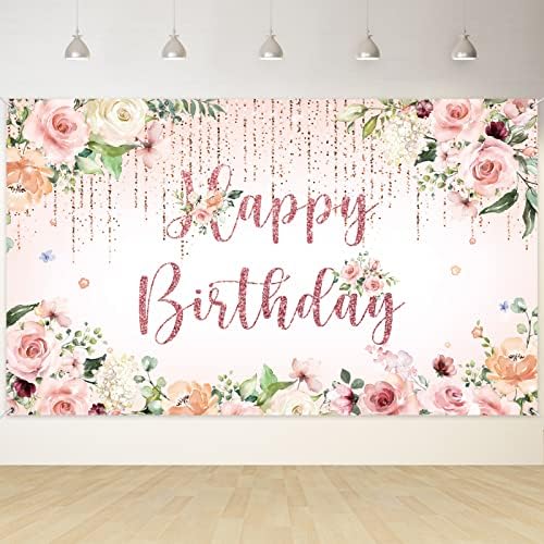 Sensfun Burgundy Floral Happy Birthday Backdrop Flowers Wreath Dark Bokeh Glitter Gold Photography Background For Women 40th 50th 60th 70th Birthday Party Decorations Backdrops (7x5ft