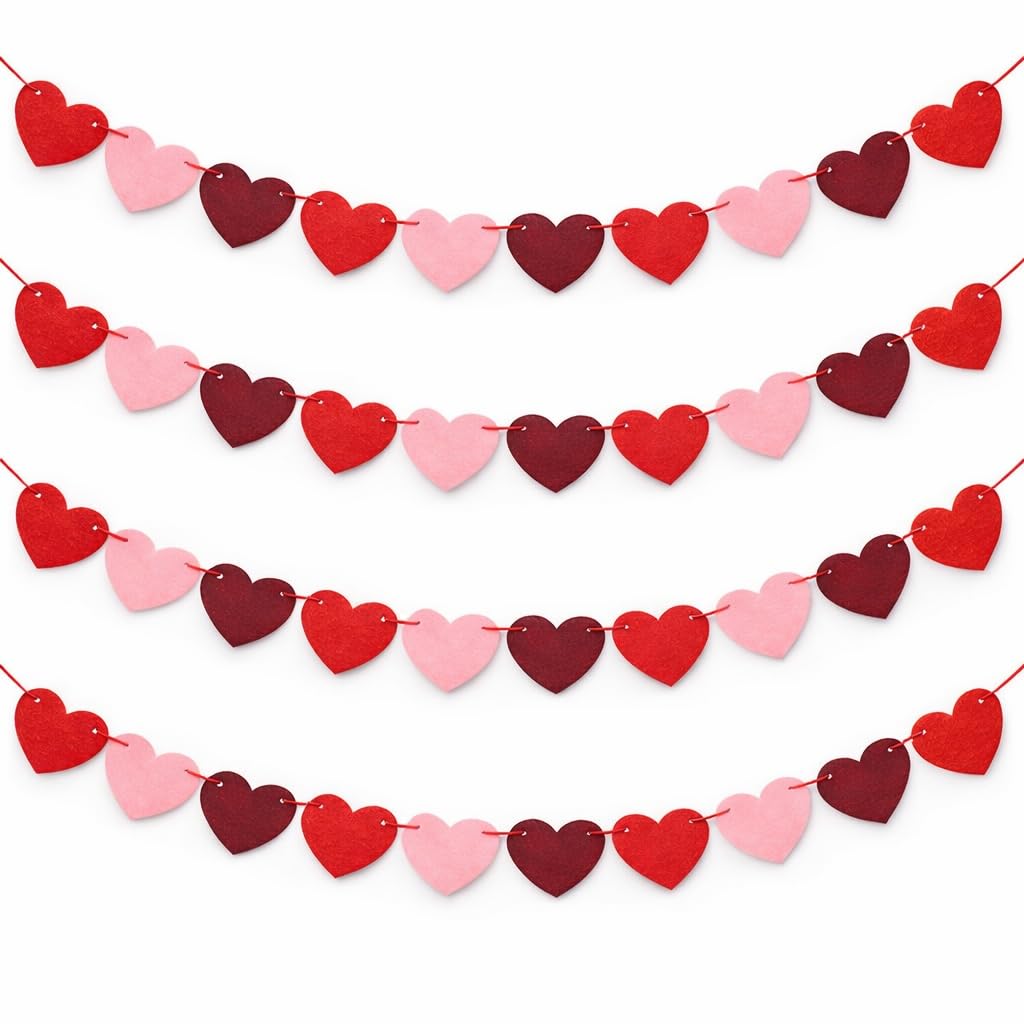 Valentines Day Decorations - Red Felt Heart Garland Hanging String - Ready-to-Use Romantic Valentines Day Decor for Home, Office, Wedding, Anniversary