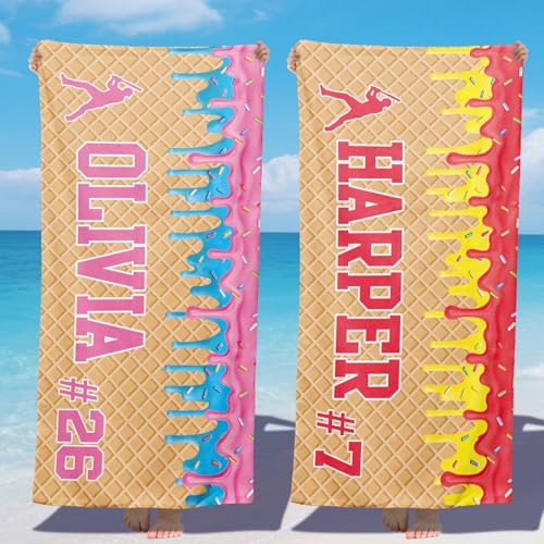 Personalized Kids Beach Towel with Ice Cream Drip & Name