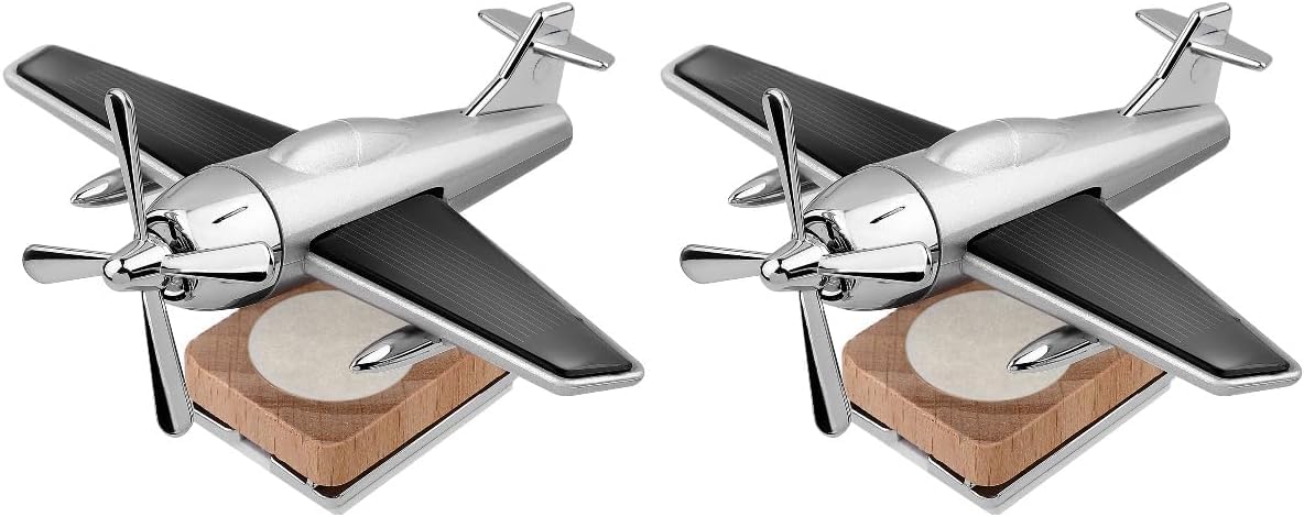 Solar Airplane Car Diffuser: 2Pcs Silver, Unscented, Car Freshener, Wooden Base Fragrance Diffuser, Alloy Solar Energy Rotate Airplane Ornaments for Office Home Decor 3.93 x 3.73 x 3.73 inch