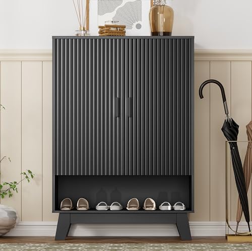 Image of Shoe Cabinet Storage for Entryway, 5 Tier Fluted Shoe Storage Cabinet with Wooden Legs, Narrow Hidden Shoe Organizer with Adjustable Shelves, Freestanding Shoe Rack for Entryway, Hallway, Black