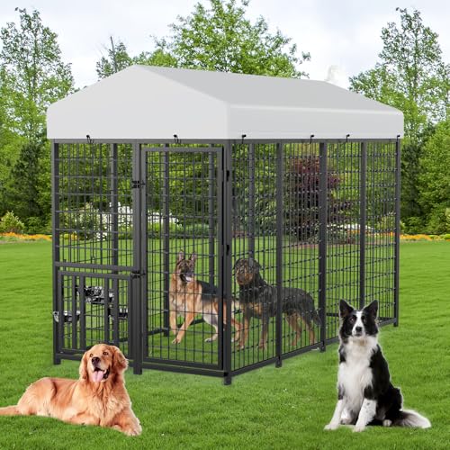 ROOMTEC Heavy Duty Outdoor Dog Kennel with Rotating Bowls, 8 x 4 x 5.6-ft