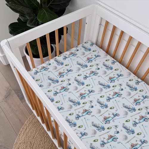 Image of Baby Boys Standard Crib Sheet Covers Golf Gear Sport, Watercolor Blue Ball Glove Car Stick Snug Fitted Toddler Mattress Sheet, Soft Stretchy Breathable Kids Nursery Bed Decor Gift 52 x 28