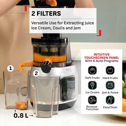 Image of Tefal Juice & Clean slow juicer, Fruit and Vegetable Juice Extractor, Vitamin Juice, Cold Press, 150 W, 42 to 70 RPM, Fresh Fruit Juice, Jam, Sorbet, Automatic Cleaning 2 years warranty