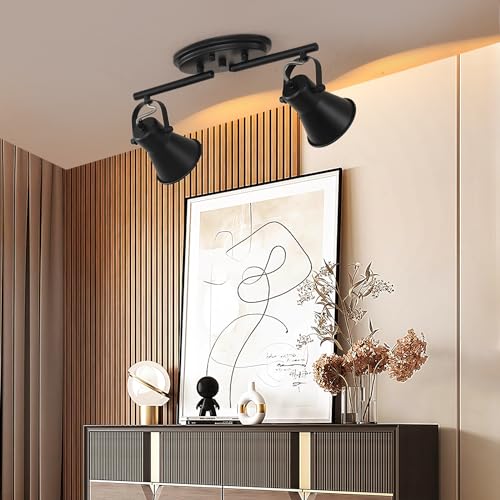 Image of 2 Light Track Lighting Ceiling, Industrial Directional Ceiling Spot Light Fixture,Black Flush Mount Ceiling Light for Kitchen, Living Room, Hallway, Bathroom, Cabinet, Etc.