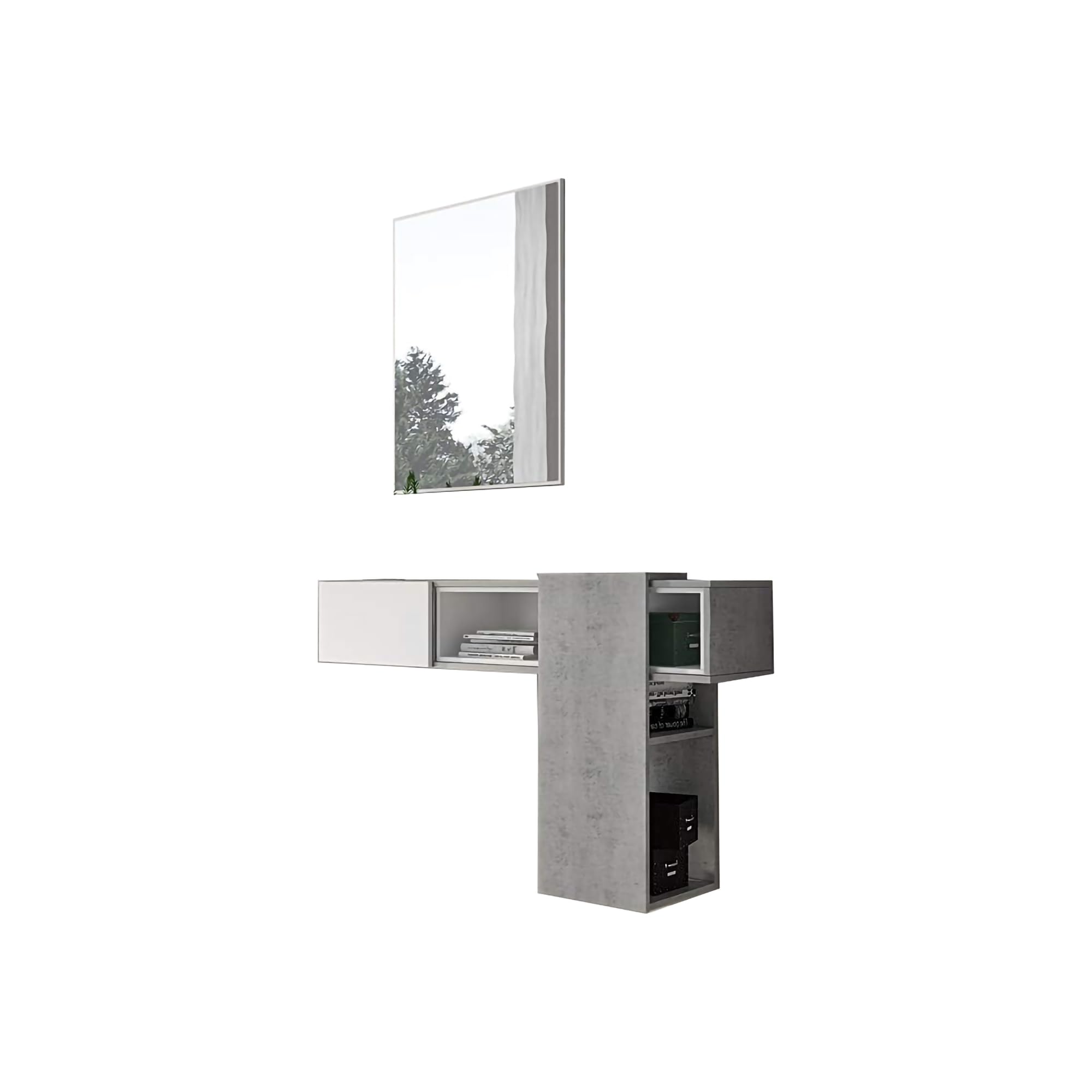 Dmora - Meuble d'entrée avec miroir, entrée pour hall avec tiroir, Vide-poche pour petits appartements, cm 100x27h155, couleur Ciment et Blanc