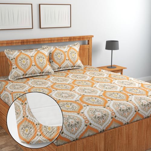 Image of Jashan Premium Cotton Elastic Fitted Bedsheets with 2 King Size Pillow Covers | Double Bed with All Around Elastic 220 TC Supersoft |Size-72 King Sizex78+10 inches | 5D Pattren, Beige Teal & Pink