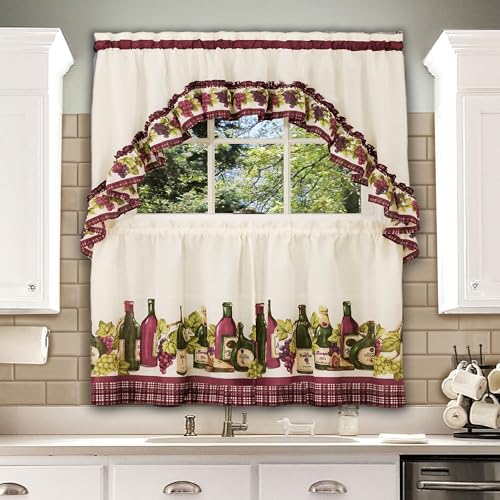 ACHIM Light Filtering Printed Tier & Swag Window Curtain Set - 57 Inch Length, 24 Inch Width - Chardonnay - Machine Washable Drape for Kitchen, Living, & Dining Room Home Decor