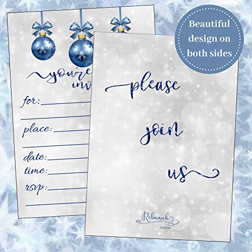 Christmas Party Invitations, Christmas Party Invites, Holiday Invitations, Classic Holiday Invites-Winter Open House Dinner Luncheon Party -Blue Ornament Fill In Style Cards (25 Count) With Envelopes #TOP4