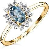 TJC Birthstone Halo Engagement Ring for Women, 925 Sterling Silver 18K Yellow Gold Vermeil Blue Topaz Gemstone Ring, Vintage Royal Halo Ladies Statement Jewellery Gift Size M