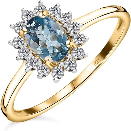 TJC Birthstone Halo Engagement Ring for Women, 925 Sterling Silver 18K Yellow Gold Vermeil Blue Topaz Gemstone Ring, Vintage Royal Halo Ladies Statement Jewellery Gift Size O
