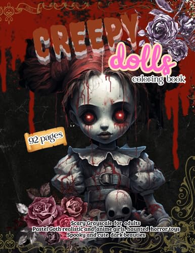 Creepy dolls coloring book for adults: Scary Grayscale Pastel Goth realistic and anime girls, haunted horror toys. Spooky and cute dark beauties image 2