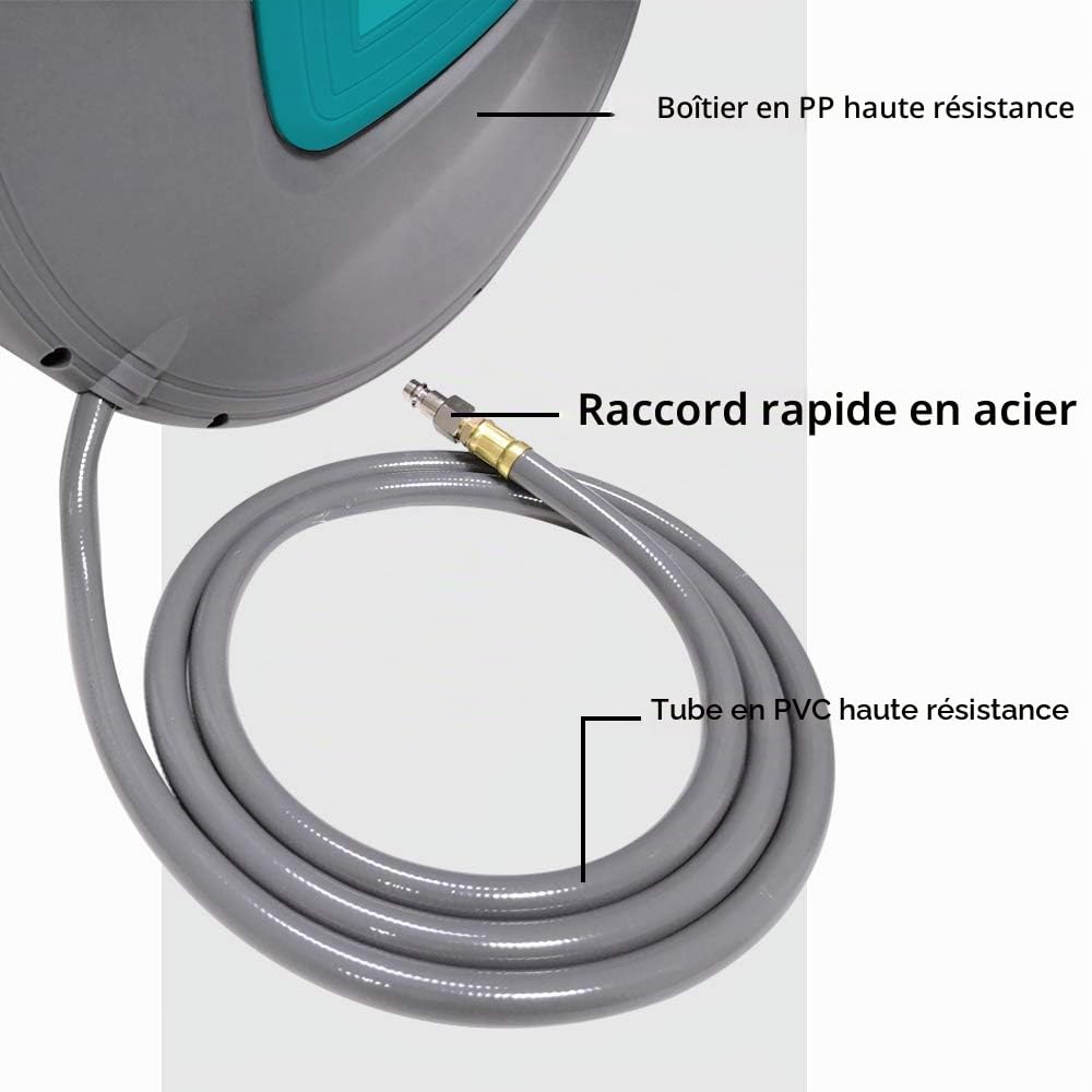 Aufun Bobine de tuyau à air comprimé de 20 m avec PVC - Enrouleur automatique de tuyau à air comprimé de 1/4", pivotant à 180°, boîte de tuyau murale avec support mural, tambour de tuyau à air