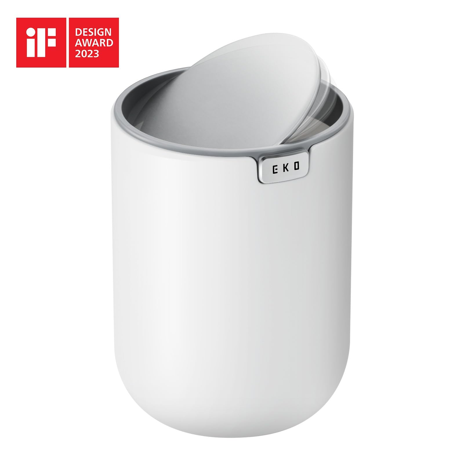 EKO - Minicubo de basura de escritorio con tapa abatible de 1,5 L y base pequeña y redonda para oficina, hogar, coche (blanco)