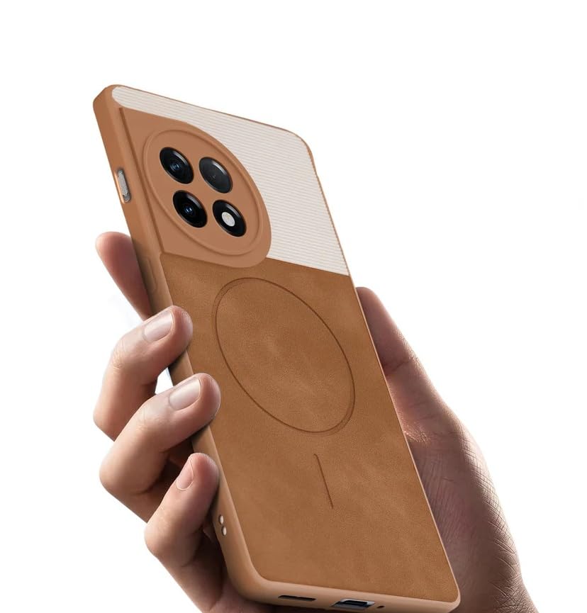 Image of Bintage CASE Mac Safe Design Hard Light Weight Back Case | Soft Border Camera Protect | Dual PU Leather Finish Back Cover Compatible for OnePlus 11R 5G - White & Brown