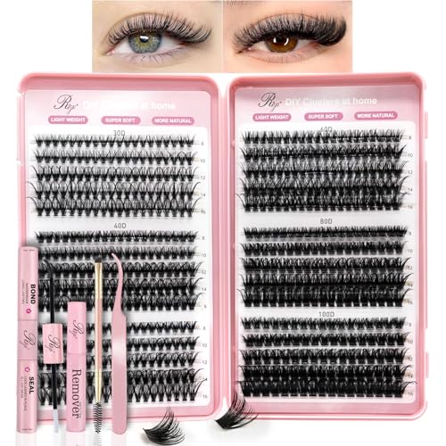 Cluster Lashes Kit 30D-100D 590pcs Thick Individual Cluster Lashes Book with Eyelash Glue & Seal D Curl Natural Fluffy DIY Lash Extensions for Beginners(30+40+50+60+80+100D kit)