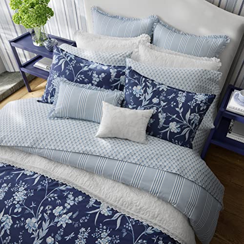 Image of Laura Ashley- King Comforter Set, Cotton Reversible Bedding Set, Includes Matching Shams with Bonus Euro Shams & Throw Pillow Covers (Branch Toile Blue, King)