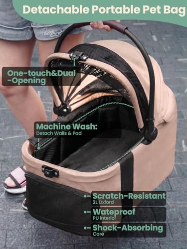Image of Small Dog Stroller, 5-in-1 Foldable Pet Stroller for Small Dogs Cats 10-20 lbs - 1-Click Fold Without Detaching Carrier, Removable Waterproof Carrier, All Terrain 4 Wheels for Outdoor Travel, Khaki
