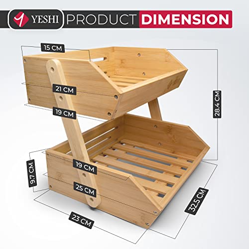 Bamboo Fruit Basket For Kitchen counter, 2 Tier Fruit Holder 11" Tall For Fruit and Vegetable Storage, Heavy Duty, Multipurpose, Large Capacity for Vegetables, Fruit, and Snack Display