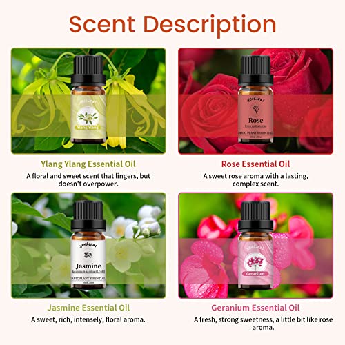 Yethious Jasmine Essential Oil Floral Rose Essential Oil Aromatherapy Oil For Diffuser, Fragrance, Soap Candle Making Gift Essential Oil Set - Jasmine, Geranium, Rose, Ylang Ylang #TOP1