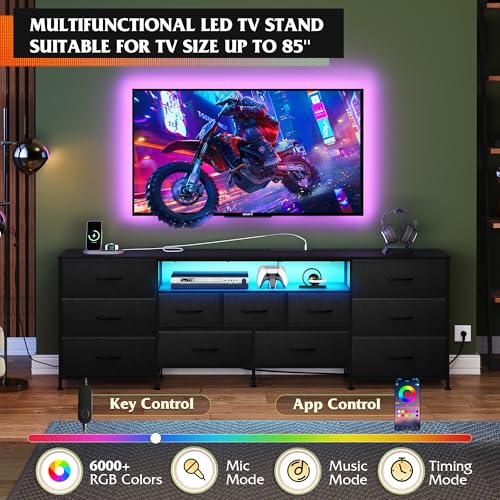 Image of WLIVE 75.5 inch TV Stand for 65, 75, 80, 85 Inch TV, Dresser for Bedroom with Power Outlets & LED Lights, 11 Drawer Fabric Dresser with Open Shelves, Entertainment Center with Storage, Black