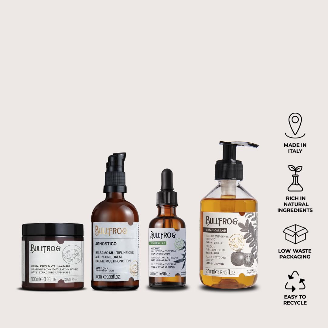 Bullfrog - Kit Beard Heroes, Agnostico Balsamo Multifunzione Originale 100ml, Pasta Esfoliante Lavabarba 100ml, Oliocento 50ml, Fluido Detergente Delicato 250ml