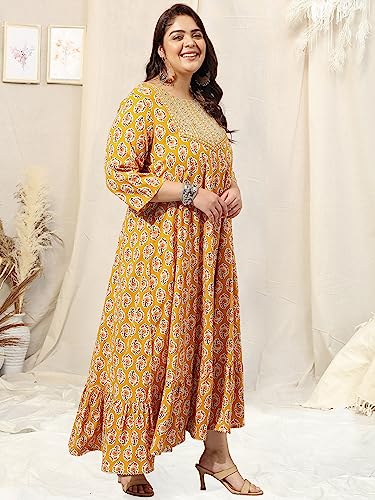Image of MIRCHI FASHION Plus Size Women's Cotton Sequins Embroidered Foil Printed Anarkali Kurti