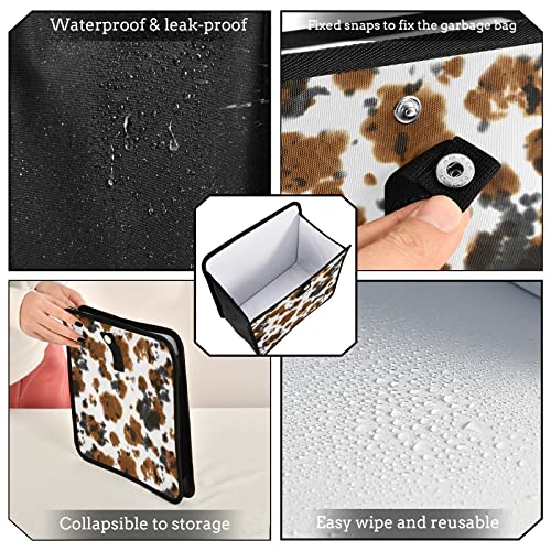 Image of Brown Cow Print Car Trash Can Black White Animal Skin Foldable Hanging Car Trash Bag Bin Auto Garbage Can Leak-Proof Car Organizer(Large)