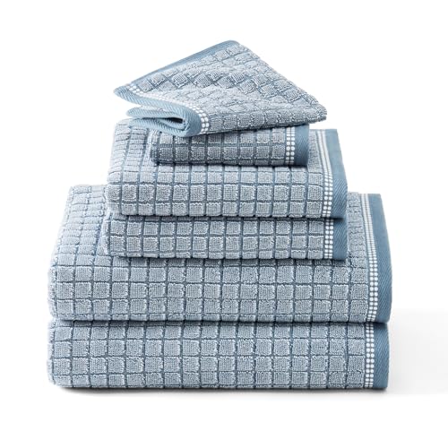 TOWN & COUNTRY EVERYDAY 6-Piece Textured Windowpane Set, 2-Bath Towels, 2-Hand Towels, 2-Washcloths, 100% Cotton, Plush & Absorbent 550GSM, Blue