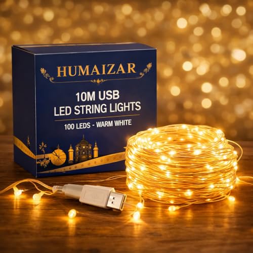 Image of HUMAIZAR 10M USB LED String Lights with 100 LEDs - Warm White Decorative Fairy Lights for Ramadan Eid Decorations, Kids Room, Wall Hanging, Mother's Day Gift, Festive Lighting (Pack of 1 Set)