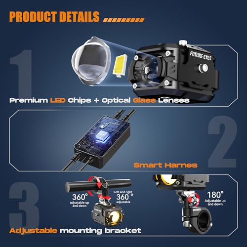 Future Eyes LED Motorcycle Fog Lights, 360° Adjustable Auxiliary Lights, Waterproof Off-Road Driving Light for Night Riding, Amber/White High & Low Beam, Compatible with Motorcycles, ATVs, and UTVs by Future Eyes - Image 2