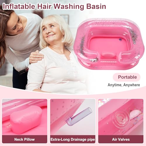 AirSwim Inflatable Hair Washing Basin, Portable Shampoo Bowl With Pillow and Drain Hose, Inflatable Shampoo Basin For Bedridden, Disabled, Injured, Perfect for Dreadlocks (Pink)