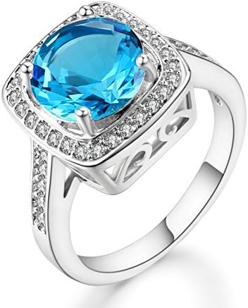 Cubic Zirconia Platinum Plated Ring | Stunning Crystal Blue March Birthstone in Platinum Halo Setting with 28 CZ Stones | Nickel-Free, Anti-Allergy, Round Cut Fashion Jewelry for Women