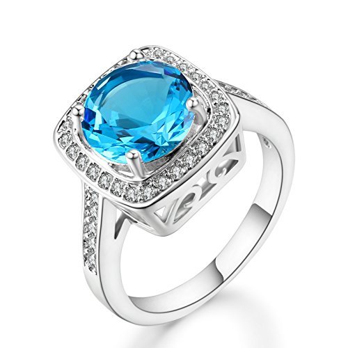 Cubic Zirconia Platinum Plated Ring | Stunning Crystal Blue March Birthstone in Platinum Halo Setting with 28 CZ Stones | Nickel-Free, Anti-Allergy, Round Cut Fashion Jewelry for Women