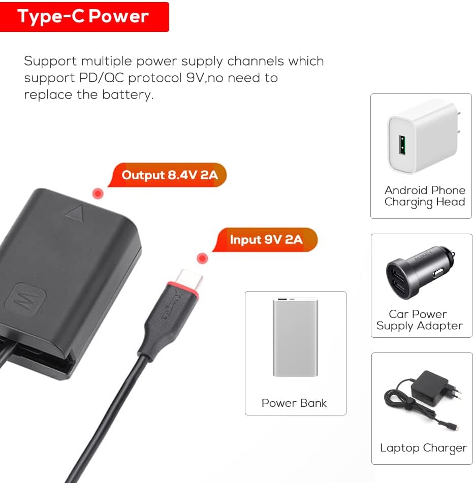 NP-FW50 Dummy Battery AC Power Adapter Kit Continuous Power Supply by Type-C PD/QC Power for Sony A7 A7M2 A7R2 A7S2 A6500 A6300 A6000 A5100 A5000 Cameras
