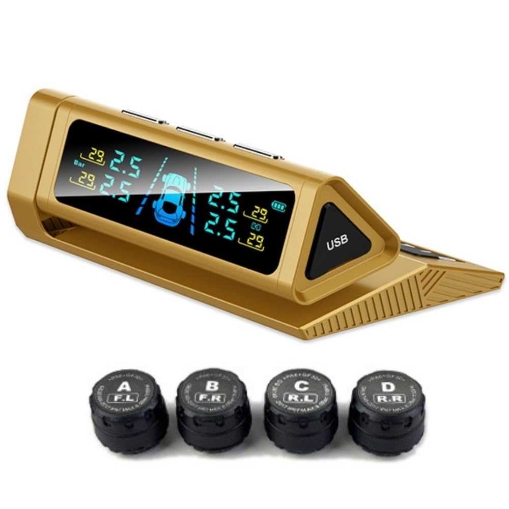 Reifendruckkontrollsystem Sensor mit Nummernschild mit LCD-Display TPMS Druckmonitor Universal-Autodetektor mit externem Ventil (Gold)