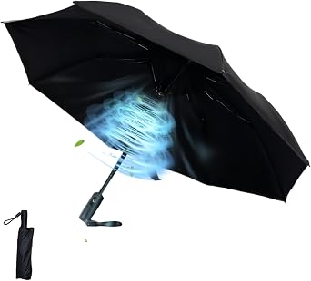 Rechargeable Sun Umbrella with Fan, Portable Cooling Fan UPF 50+ for Sun & Rain, USB Folding Compact Umbrella for Hot Summer, Travel, Golf, Beach, Walking