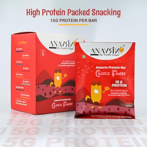 Image of ANAVRIN Choco Fudge Protein Bar - 15g Protein, 4g Fibre in each bar (6 Bars x 50gm) No Added Sugar, Goodness of Dates, No Soy, No Preservatives Gluten Free High Energy Protein Bar Healthy Snack