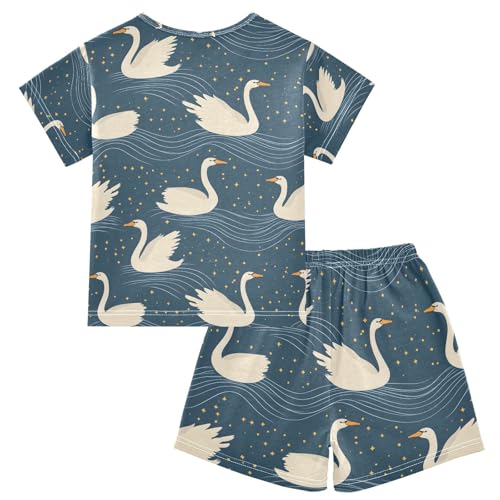 ALAZA Swan Starry Night Blue Pajamas Set Short Sleeve Cotton Sleepwear Summer Pjs 2 Piece 5-14Y2
