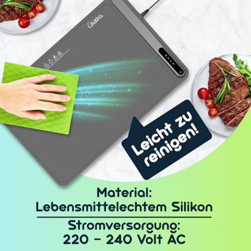 Casativo 2er-Set Professionelle Silikon-Warmhalteplatte (250W): Elektrische Heizmatte (61x40cm) rollbar, 55-100°C einstellbar, Flexibles Warmhalten von Speisen