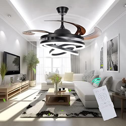 48 Inch Retractable Ceiling Fans, 3 Color 6 Speed Dimmable Silent LED Invisible Ceiling Fan Lights, with Remote Easy to Install Suitable for Living Room,Bedroom,Kitchen,Dining Room Lighting