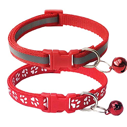 CHBORCHICEN 2-Pack Footprint & Reflective Cat Collar with Bell Basic Dog Cat Collar Buckle Adjustable Polyester Cat Dog Collar or Seatbelts (X-Small, Red)
