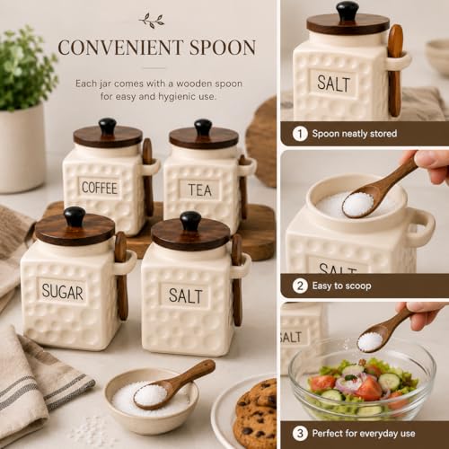 Image of The Deluxe Creations Ceramic Tea Coffee Sugar Salt Jars Set with Wooden Lid & Spoon | Premium Kitchen Storage Canisters | Airtight Containers | 500 ML Each | Set of 4