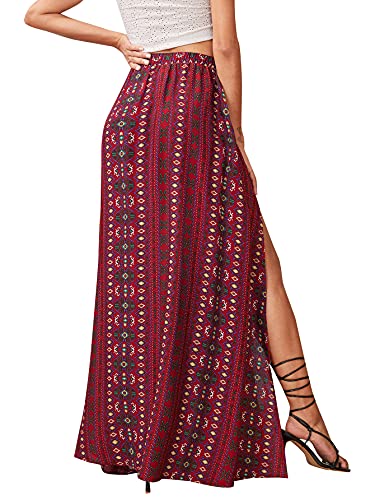 Romwe Women's Boho Tribal Print Skirt High Split Beach Cover Long Maxi Skirts Burgundy S #TOP1