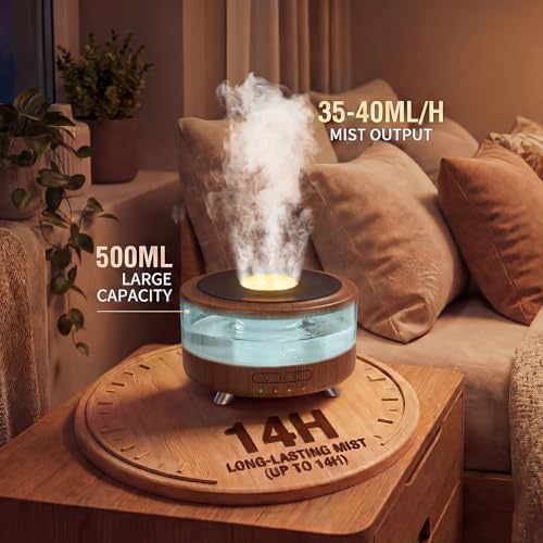 Diffusers for Essential Oils, 500ML Essential Oil Diffusers for Office Room Yoga, Diffuseur d'Huile Essentiel with Auto-Off Function, 9 Colors LED Night Light, Dark Wood — view 7