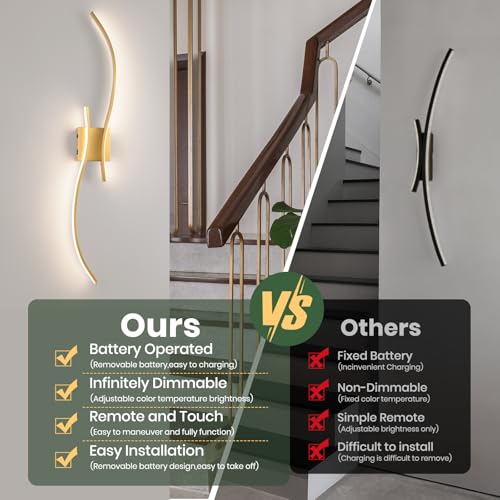 Image of CANEOE Battery Operated Wall Sconce Set of 2, 18000mAh Gold Rechargeable Wall Lights with Remote Control,3000K-6000K Dimmable LED Wireless Wall Light for Living Room Bedroom Hallway,39.3 Inch (Gold)