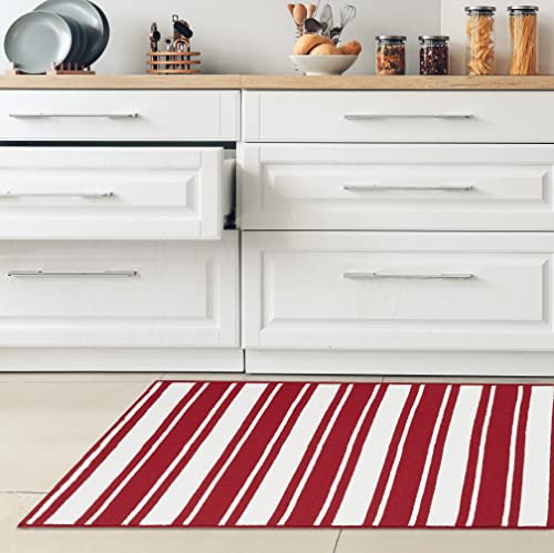 Nautica Runner Rug | Indoor Carpet For Entryway & Hallway Rug| Non-Slip And Non-Skid Entry And Kitchen Door Mat| Machine Washable Low Profile Floor Mat | 26" X 45"| Stripe Red And White #TOP26
