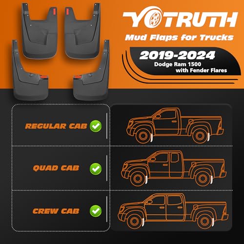 Image of Mud Flaps for Trucks | Fits 2019-2024 Dodge Ram 1500 with Fender Flares, Front & Rear Splash Mud Guards, 4PC-Black