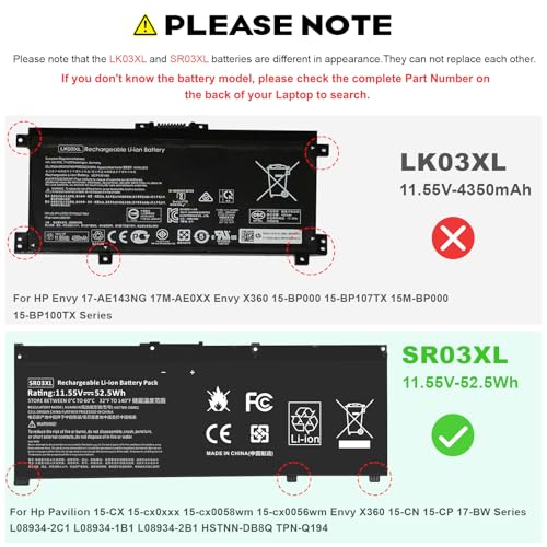 Image of 52Wh 11.55V SR03XL SR04XL TPN-Q194 Battery for Hp Pavilion 15-CX Envy X360 15-CN 15-CP 17-BW L08855-855 L08934-2C1 917678-2B1 L08934-1B1 L08934-2B1 HSTNN-IB8L HSTNN-DB8Q SR03052XL TPN-C133 TPN-C134